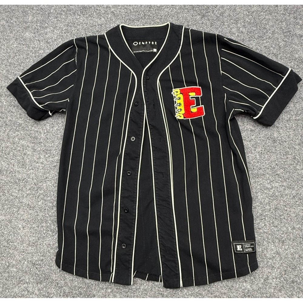 Empyre Mens Black Pinstripe Baseball Jersey Chenille Patch Button Up Shirt L